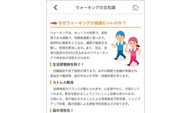 健康モードのウォーキングの豆知識のサンプル画像です。
